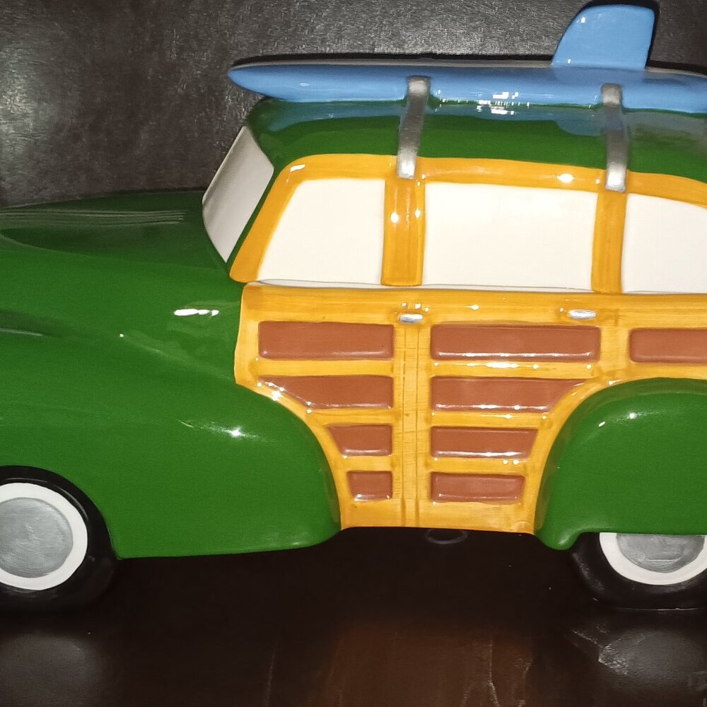Clay art surfs up woody wagon cookie jar